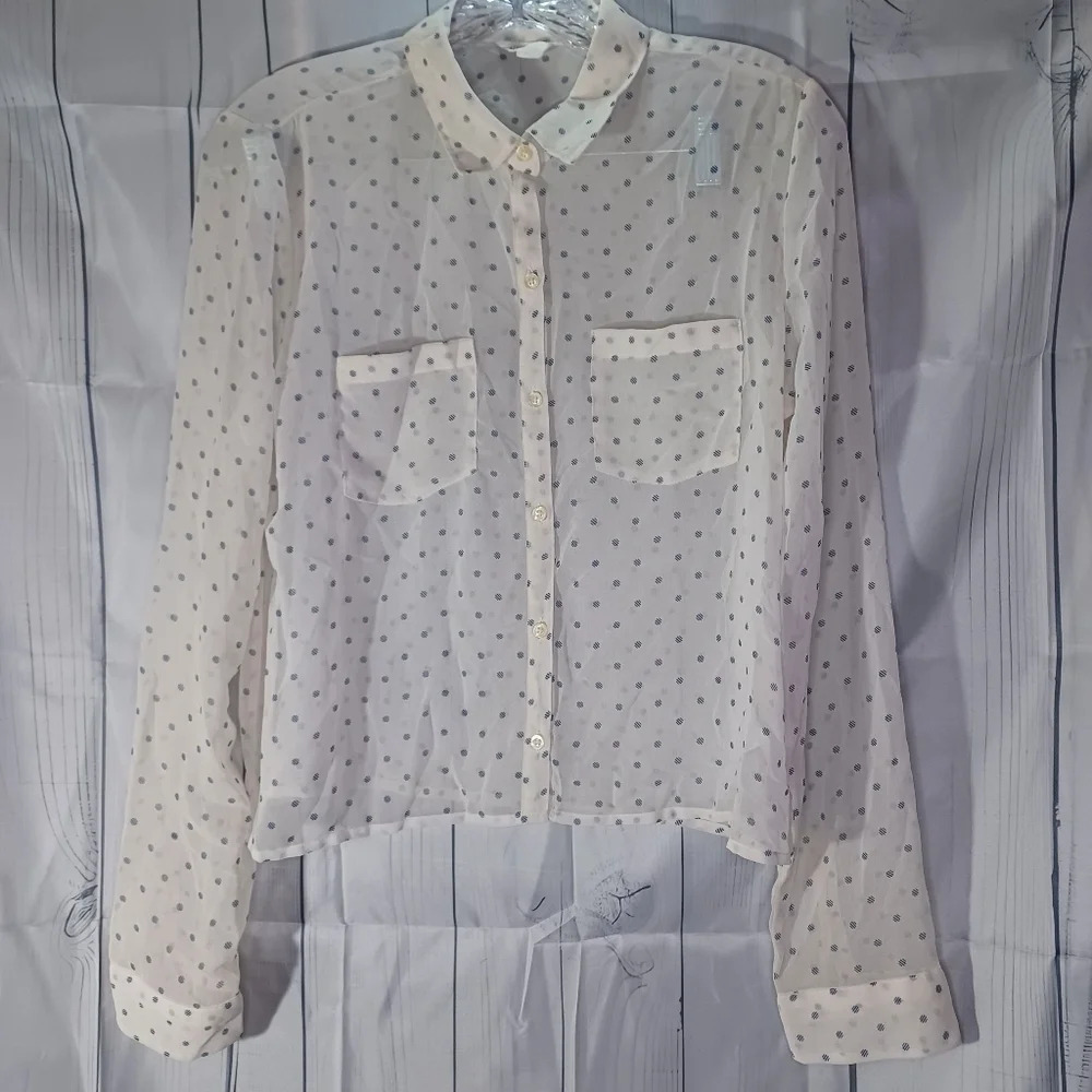 Aeropostale sheer blue polka dot button-down shirt